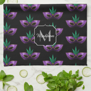 Linge De Cuisine Mardi Gras Masque Violet Éperches motif Monogramme