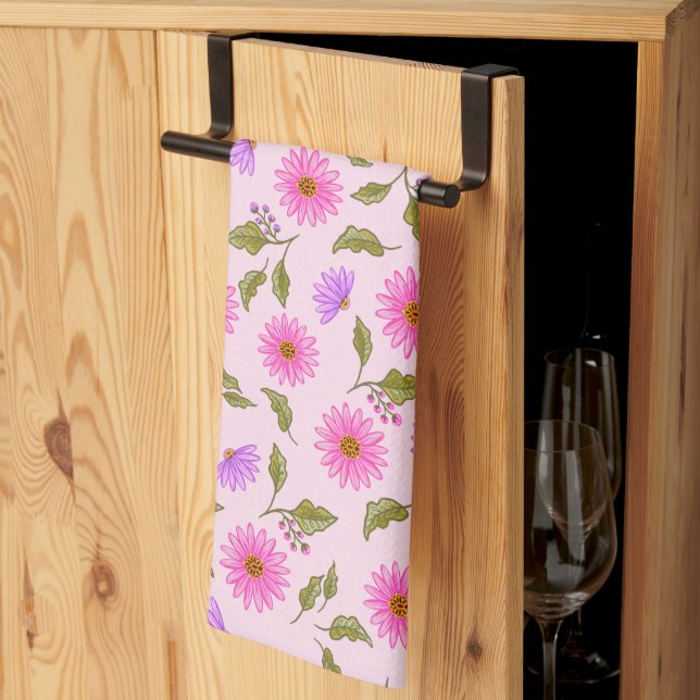 Linge De Cuisine Marguerite lilas rose  (Pliage en tiers)