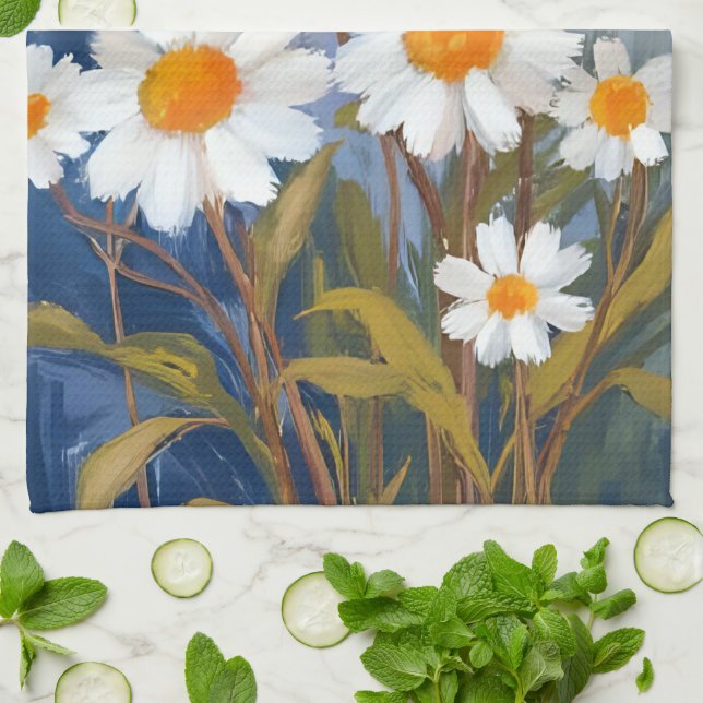 Linge De Cuisine Marguerites blanches Fleurs à l'aquarelle Peintes (Plié)