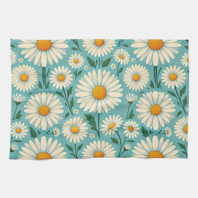 Linge De Cuisine Marguerites sur un fond bleu doux (Horizontal)