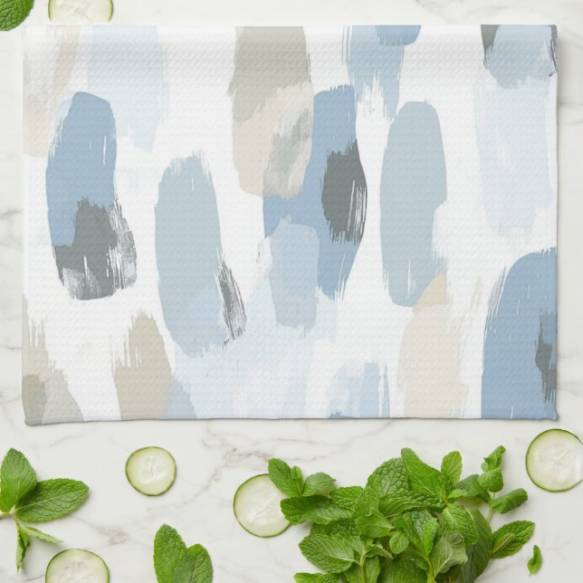 Linge De Cuisine Mariage Abstrait Crème Blanc Bleu (Plié)