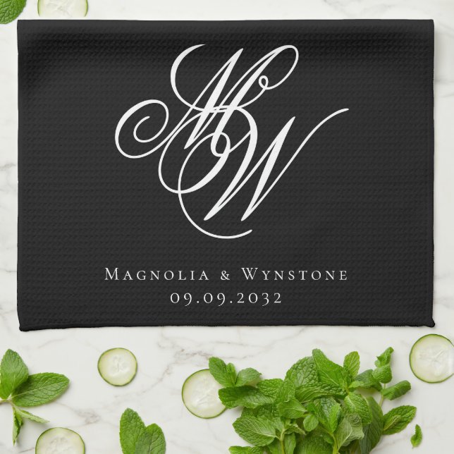 Linge De Cuisine Mariage de monogramme noir chic (Plié)