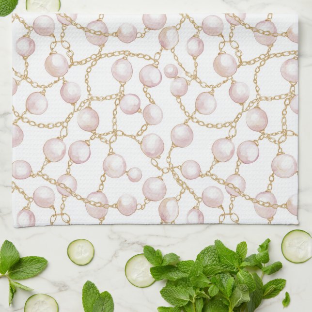 Linge De Cuisine Mariage Glamour Perles Rose Or (Plié)