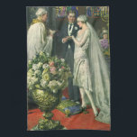 Linge De Cuisine Mariage vintage, Mariée et Salle avec Menorah<br><div class="desc">Illustration vintage image de cérémonie d'amour et de romance mariage montrant un couple se marier dans une belle synagogue avec vitraux,  fleurs et une menorah à sept branches. La mariée porte une longue robe blanche mariage et le marié est beau dans son smoking.</div>