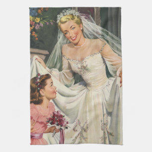 Linge De Cuisine Mariage Vintage, Mariée Rétro avec Fille aux Fleur