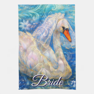 Linge De Cuisine Mariée de cygne avec voile sur eau bleu blanc pers