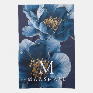Linge De Cuisine Marine Blue Gold Moderne Floral Monogramme Nom de