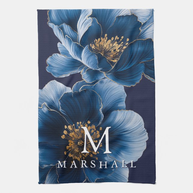 Linge De Cuisine Marine Blue Gold Moderne Floral Monogramme Nom de  (Vertical)