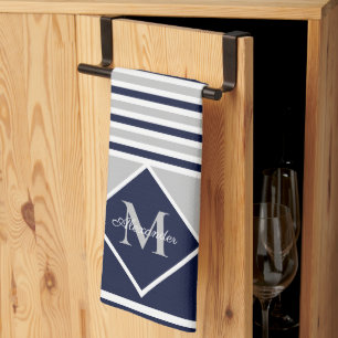 Linge De Cuisine Marine moderne nautique bleu gris    MonogrammeCui