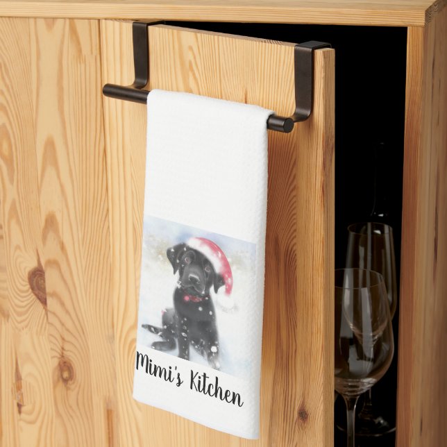 Linge De Cuisine Marionnette du Black Lab en Santa Hat, texte perso (Pliage en tiers)