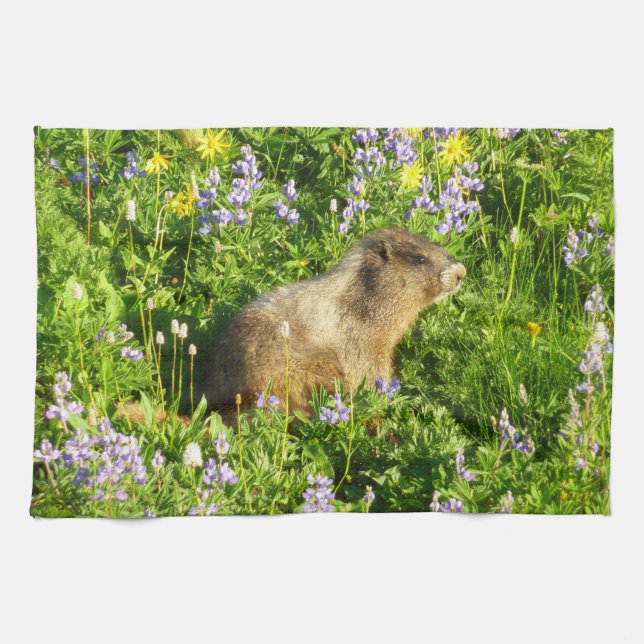 Linge De Cuisine Marmot dans le Mont Rainier Fleurs sauvages (Horizontal)