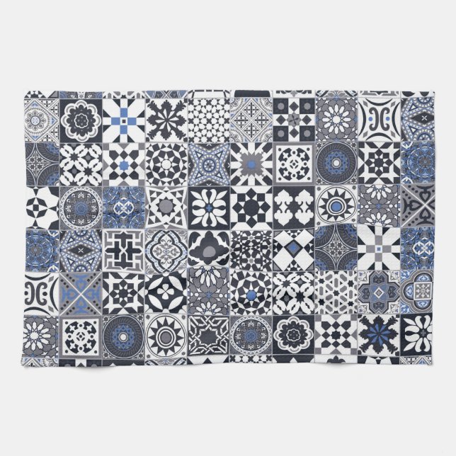Linge De Cuisine Marocain carrelage noir, bleu, gris (Horizontal)