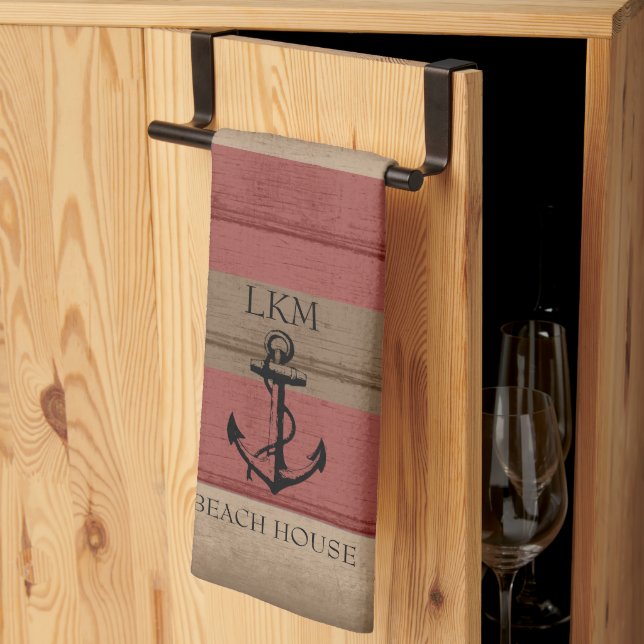 Linge De Cuisine Marron et Bois Rouge Rustique Nautique - Monogramm (Pliage en tiers)