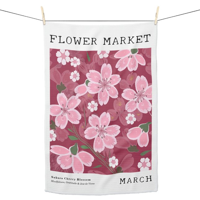 Linge De Cuisine Mars Marché aux fleurs rose Sakura Cherry Imprimer (Personalized March Birth Flower Market Kitchen Towel, Custom Floral Kitchen Towel, Sakura Cherry Art)