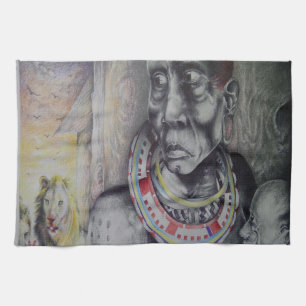 Linge De Cuisine Masaï mère et enfant avec Lion Art Imprimer