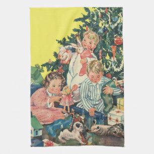 Linge De Cuisine Matin de Noël vintage, enfants ouvrant des cadeaux