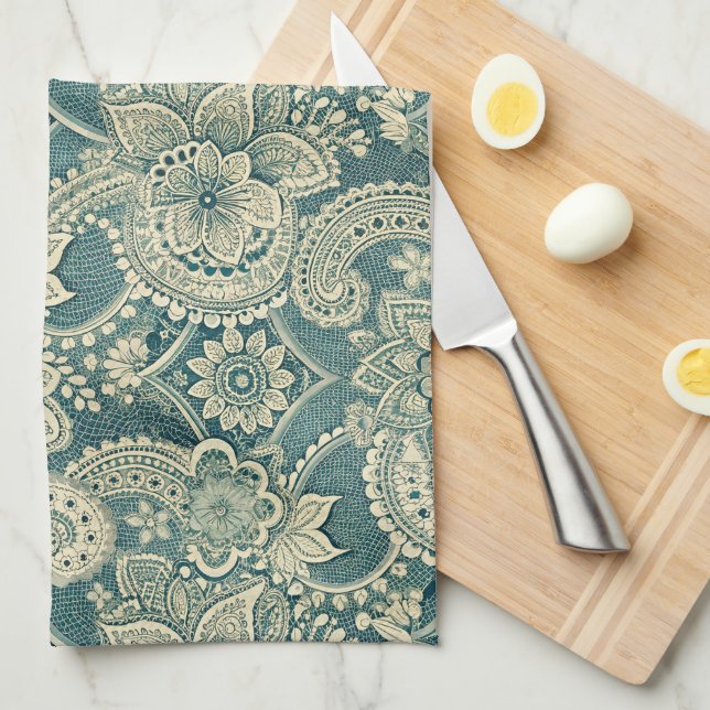 Linge De Cuisine Médaillon en dentelle d'émeraude (Quart Plié)