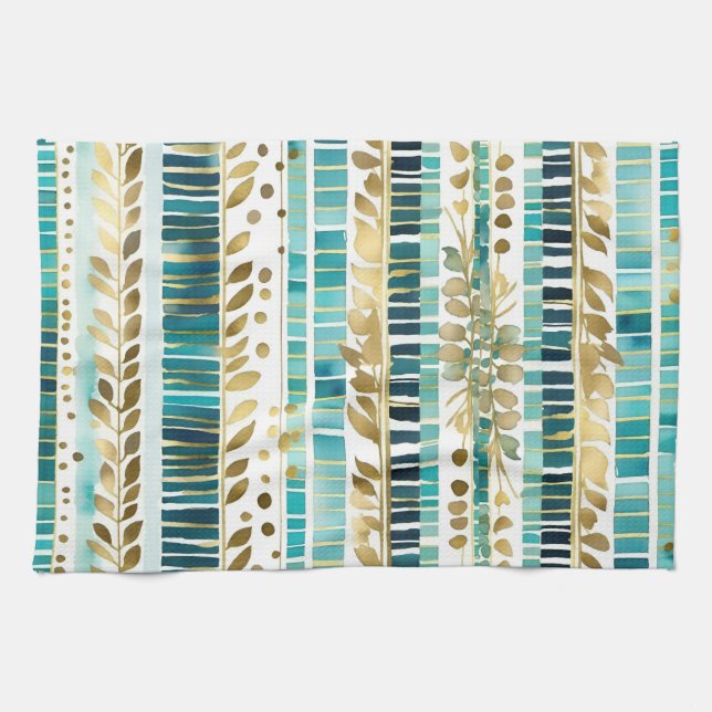 Linge De Cuisine Mélange et assortiment feuillus rayures turquoise  (Horizontal)
