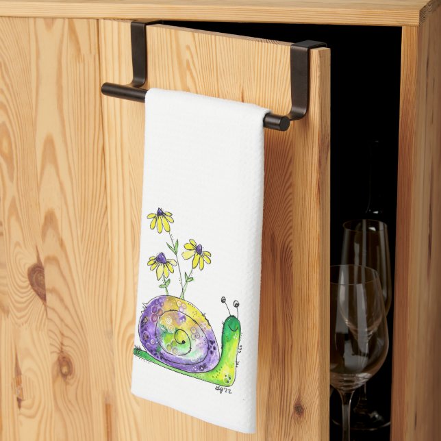 Linge De Cuisine Mélange Whimsical Happy Snail avec Fleurs Jaunes (Pliage en tiers)