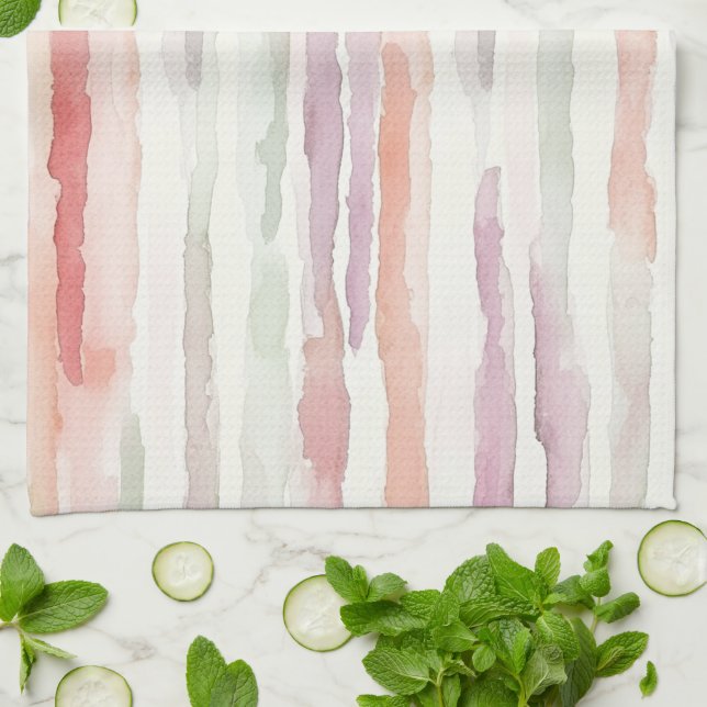 Linge De Cuisine Melon Lavande Rose Blanc Rayures   (Plié)