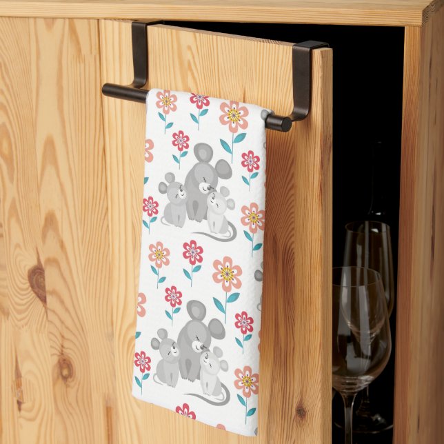 Linge De Cuisine Mère de souris, bébés, fleurs motif Fête des mères (Pliage en tiers)