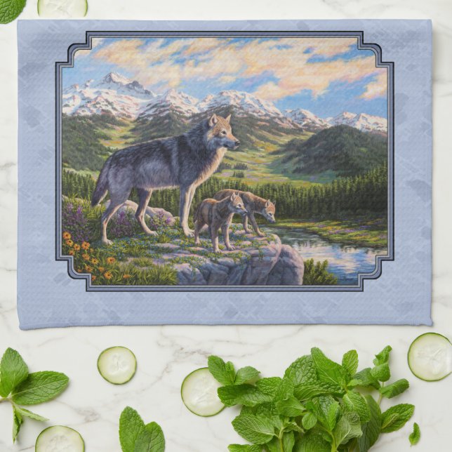 Linge De Cuisine Mère Wolf & Pups Mountain River Valley (Plié)