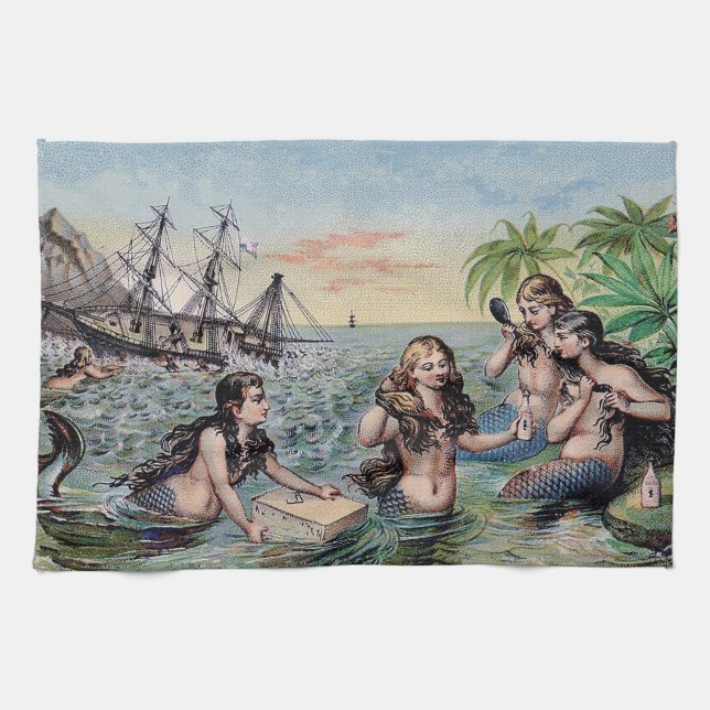 Linge De Cuisine Mermaid Antique Magie Océan Nautique (Horizontal)