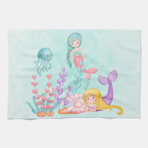 Linge De Cuisine Mermaids et méduses sous l'aquarelle marine