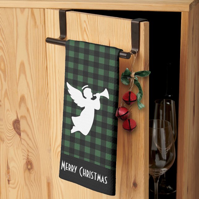 Linge De Cuisine Merry Christmas Green & Black Buffalo Plaid Angel (Créateur téléchargé)