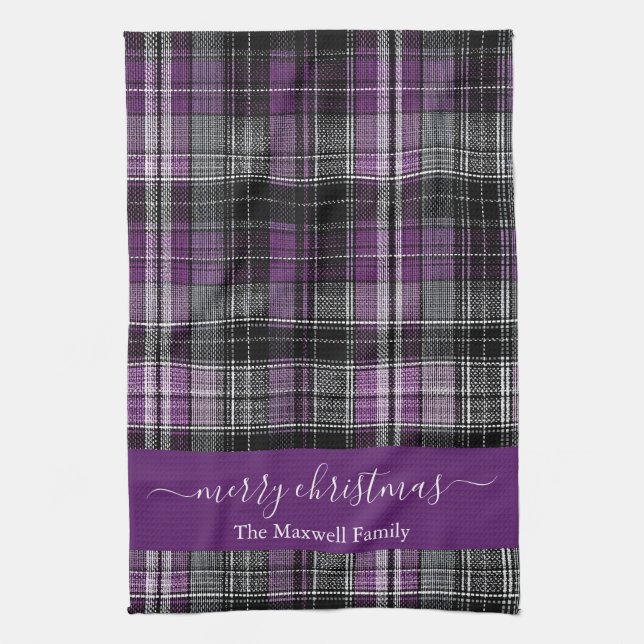 Linge De Cuisine Merry Christmas purple tartan plaid script name (Vertical)