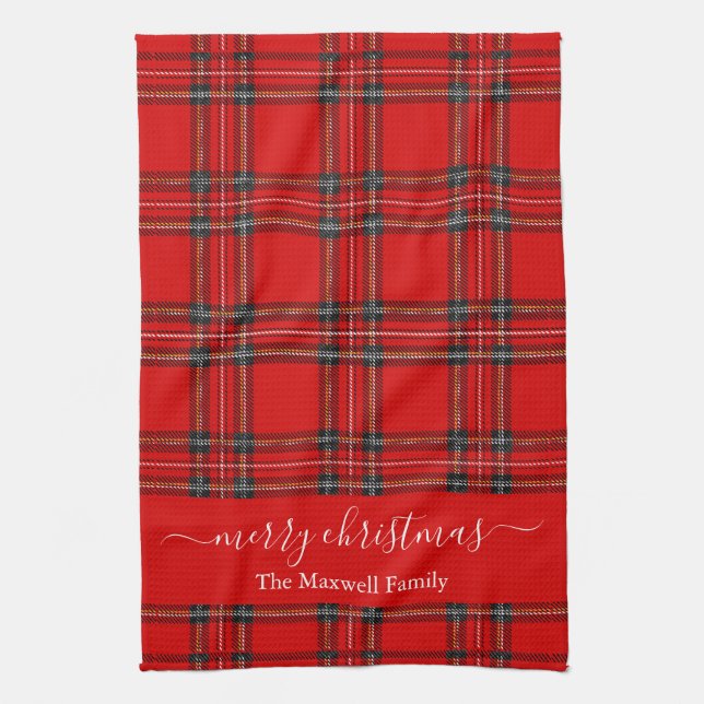 Linge De Cuisine Merry Christmas red tartan plaid script name (Vertical)
