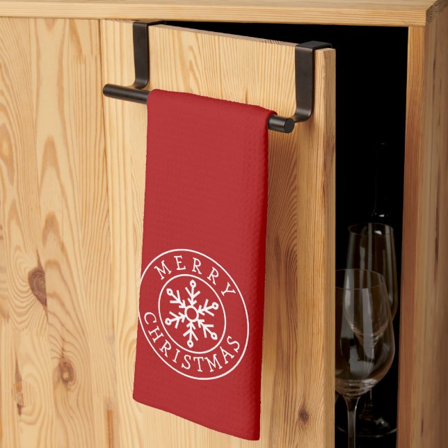 Linge De Cuisine Merry Christmas Snowflake on Bright Red (Pliage en tiers)