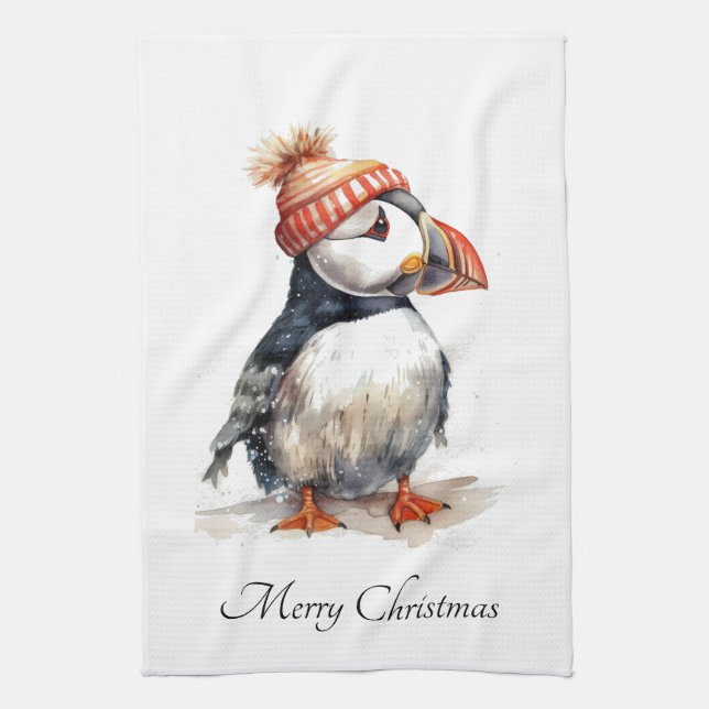 Linge De Cuisine Merry Puffin, personnalisé (Vertical)