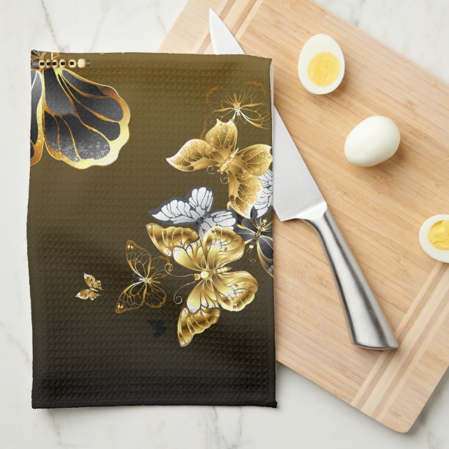 Linge De Cuisine Métamorphose dorée – Conception de papillon botani (Quart Plié)