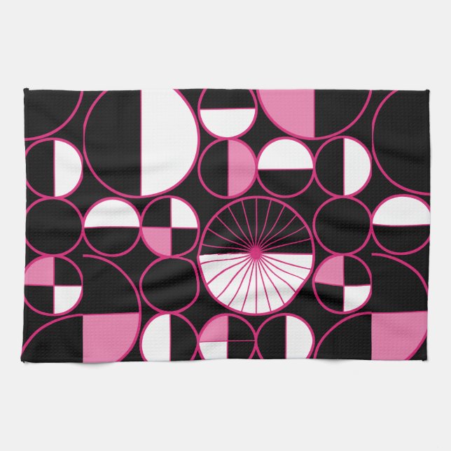 Linge De Cuisine Mi-siècle Cercles modernes Moitié rose noir (Horizontal)