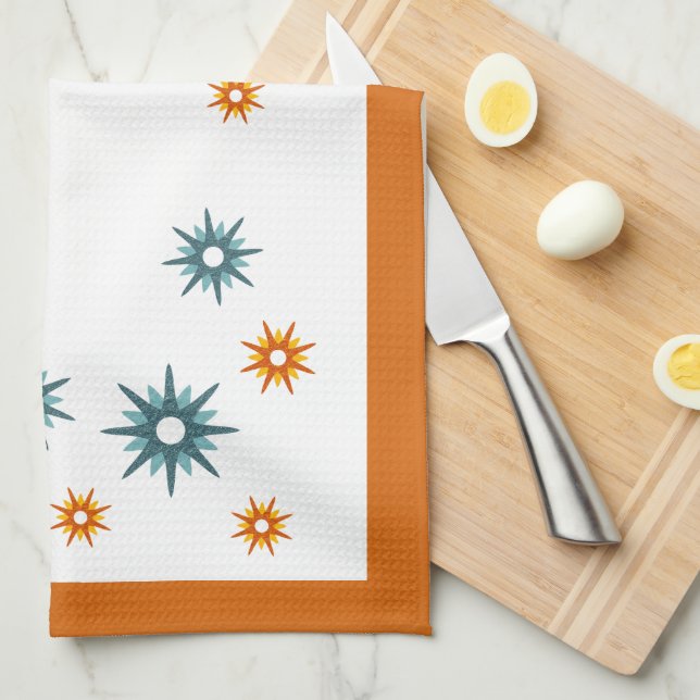 Linge De Cuisine Mi-siècle Moderne Turquoise & Orange Starbursts (Quart Plié)