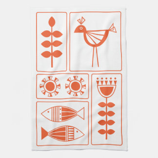 Linge De Cuisine Mid Century Modern Orange Bird, Fish and Flowers K