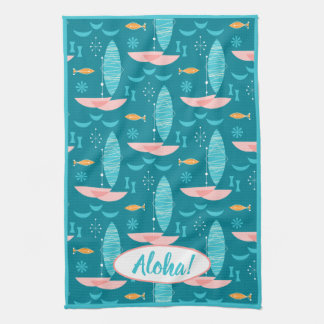 Linge De Cuisine Mid Century Pink Catamaran - Blue Background