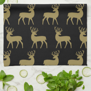 Linge De Cuisine Mid Century Vacances Cerf Motif Noir et Or