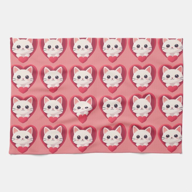 Linge De Cuisine Mignon Chat Blanc avec Design de Kawaii Kitty Love (Horizontal)