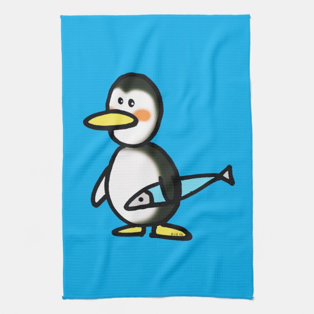 Linge De Cuisine Mignon manchot tenant un poisson bleu (Vertical)