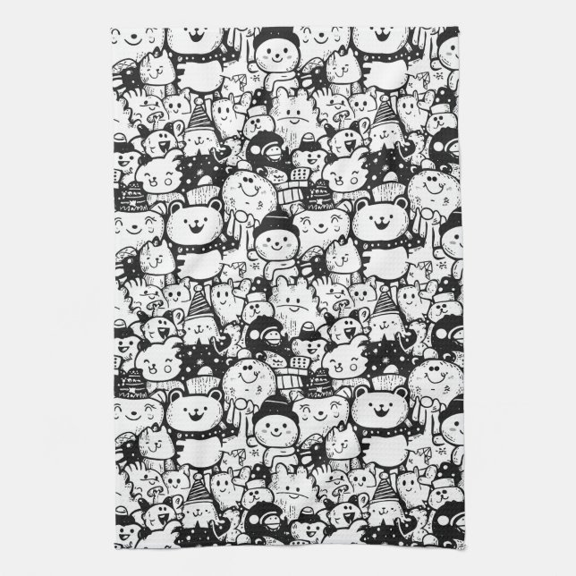 Linge De Cuisine Mignon motif doodle d'animaux kawaii (2) (Vertical)