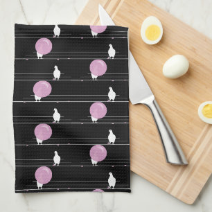 Linge De Cuisine Mignonne Bubblegum Birds sur un Motif de fil Noir