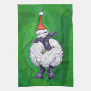Linge De Cuisine Mignonne mouton à Santa Chapeau sur vert