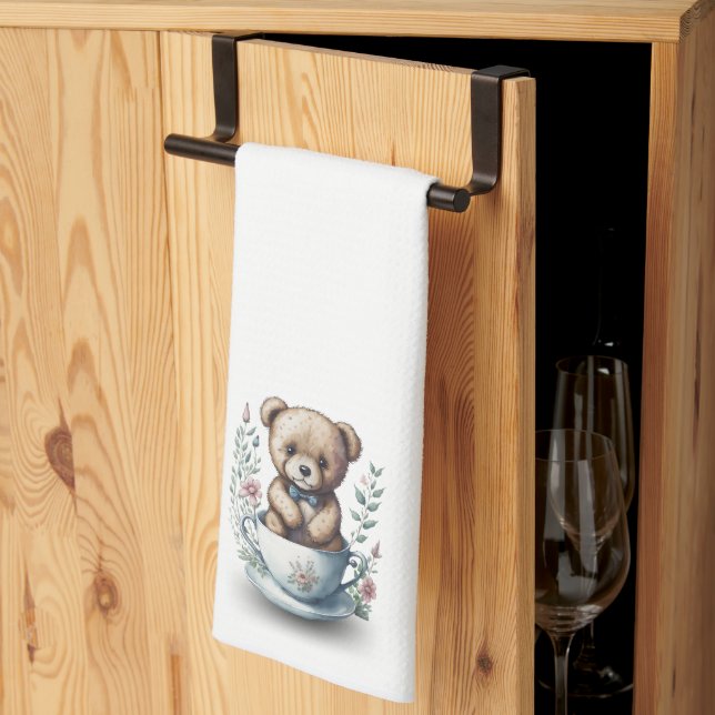 Linge De Cuisine Mignonne ours en peluche dans un Teacup avec fleur (Pliage en tiers)