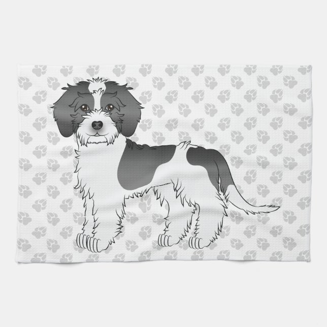 Linge De Cuisine Mini Goldendoodle noir et blanc à taches & Pattes (Horizontal)
