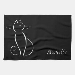 Linge De Cuisine Minimaliste Chat Blanc Sur Noir Ajouter Nom
