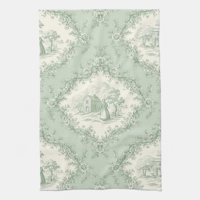 Linge De Cuisine Mint Green French Country Floral Toile - Farmhouse (Vertical)