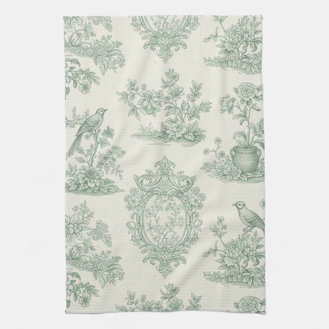 Linge De Cuisine Mint Green Toile Floral and Bird Pattern (Vertical)