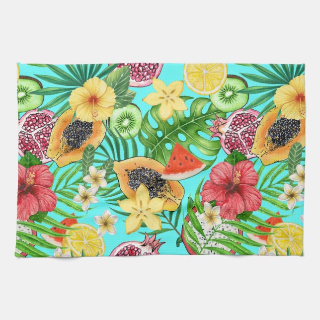 Linge De Cuisine Mix-fruit tropical, fleurs et feuilles en bleu (Horizontal)